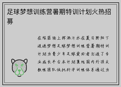 足球梦想训练营暑期特训计划火热招募