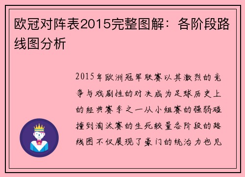 欧冠对阵表2015完整图解：各阶段路线图分析