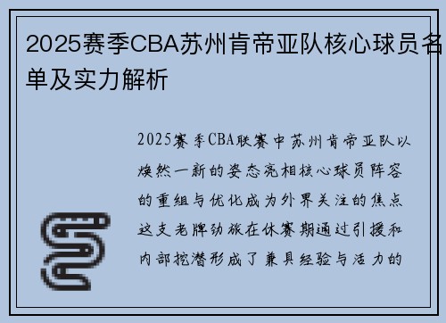 2025赛季CBA苏州肯帝亚队核心球员名单及实力解析