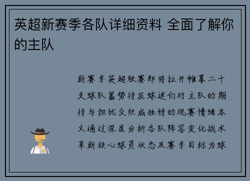 英超新赛季各队详细资料 全面了解你的主队