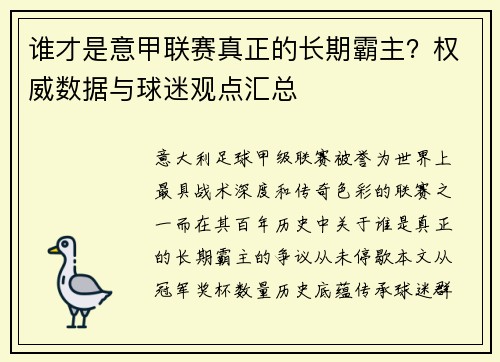 谁才是意甲联赛真正的长期霸主？权威数据与球迷观点汇总