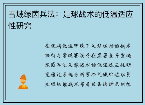 雪域绿茵兵法：足球战术的低温适应性研究